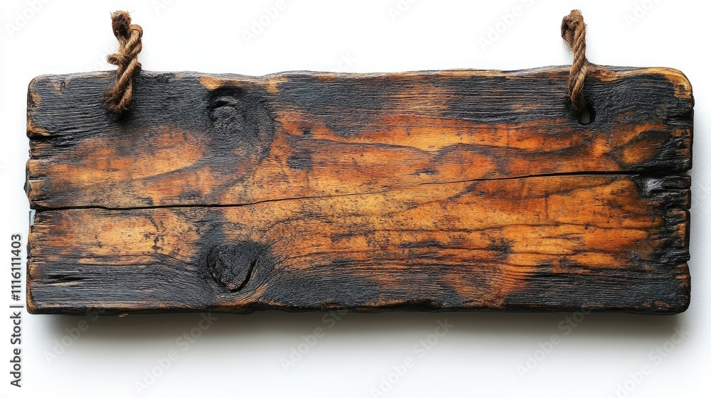 Poster rustic empty wooden sign with hanging loop against a clean white background for versatile use in des