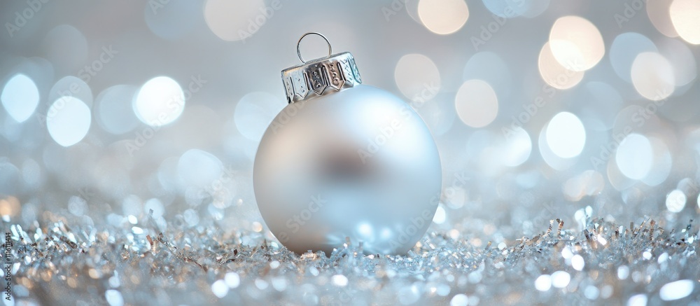 Poster Silver Christmas ornament with bokeh lights in a blurred background ideal for festive design and text overlay during holiday celebrations