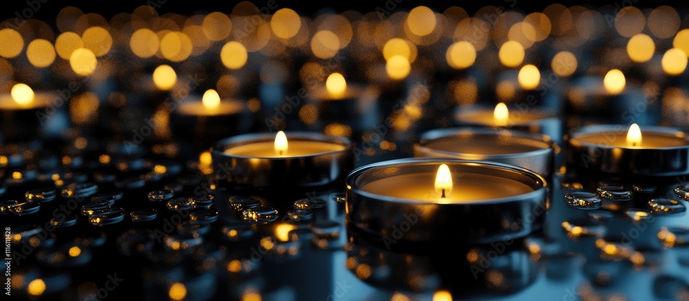 Poster warm glowing candles on a dark reflective surface creating an inviting ambiance for celebrations and