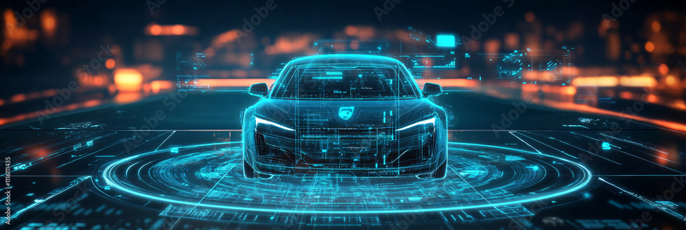 Aufkleber a digital car icon with a holographic interface surrounding it, displaying automotive data analytics