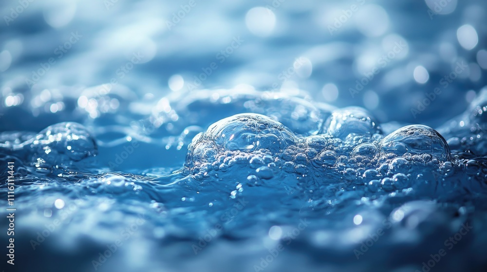 Poster Close up of vibrant bubbles floating in shimmering blue water creating a serene and refreshing underwater atmosphere