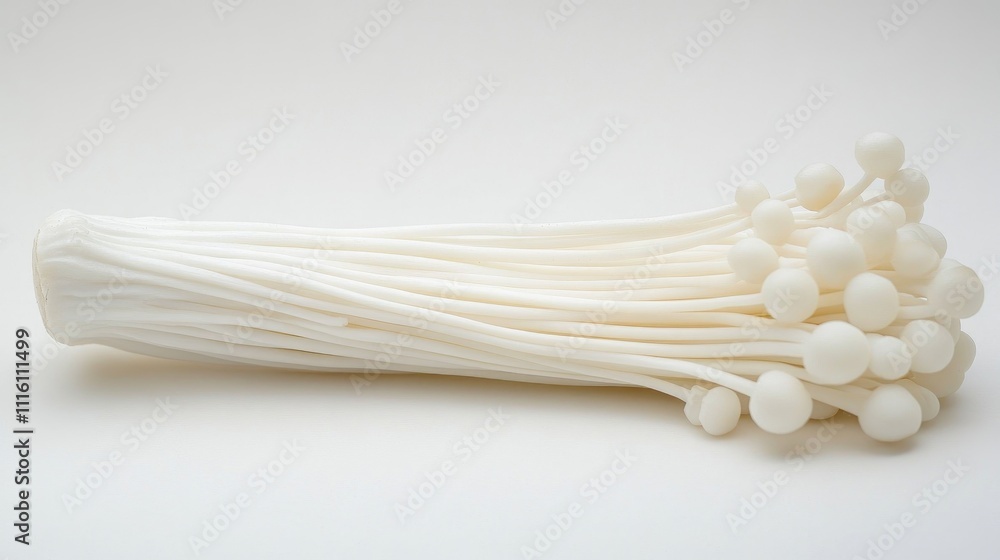 Poster fresh enoki mushrooms displayed elegantly on a clean white background highlighting their delicate ap
