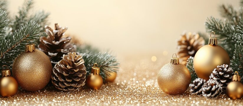 Elegant Christmas arrangement with gold decorations, pine cones, and greenery on a soft beige backdrop for festive seasonal themes.