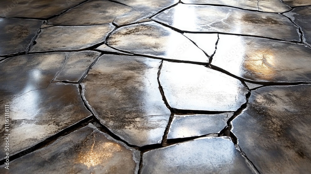 Poster cracked concrete floor texture with reflective surfaces showcasing aged and weathered patterns in in