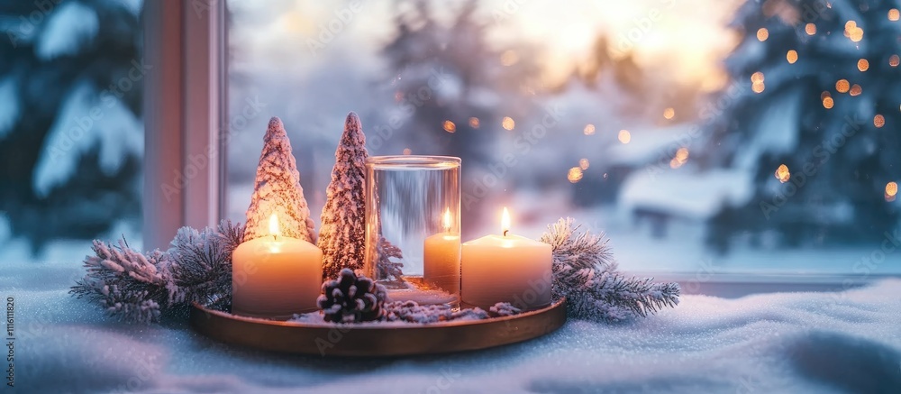 Poster festive winter scene with candles and decorative trees reflecting in glass on a snowy window sill at