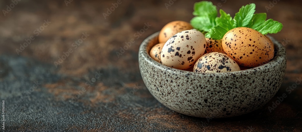 Aufkleber chicken and quail eggs in a rustic bowl with herbs on a textured background perfect for holiday and 