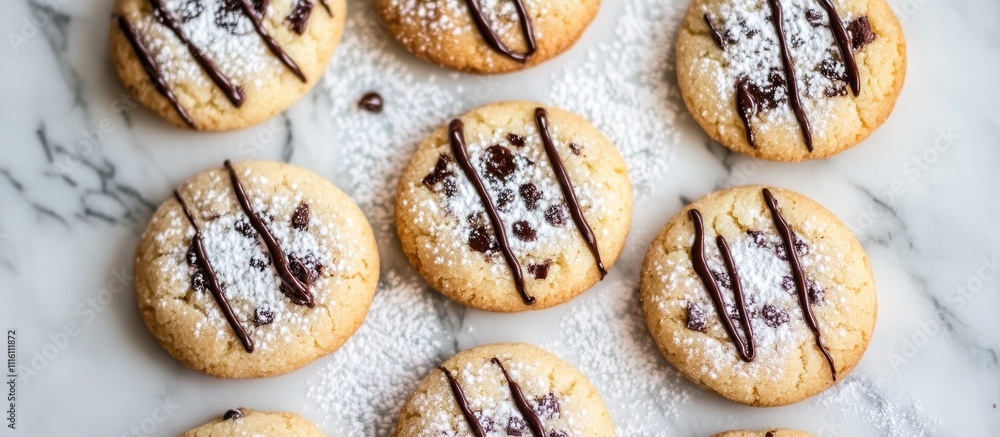 Poster baked shortbread cookies dusted with powdered sugar and drizzled with chocolate on a marble surface 