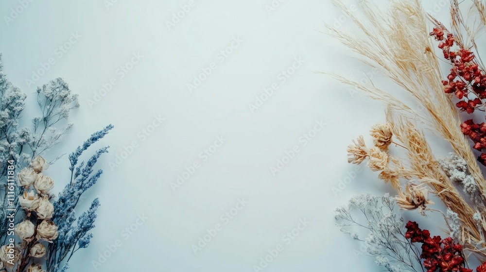 Aufkleber arrangement of dried colored flowers on a light background with ample space for text and design idea