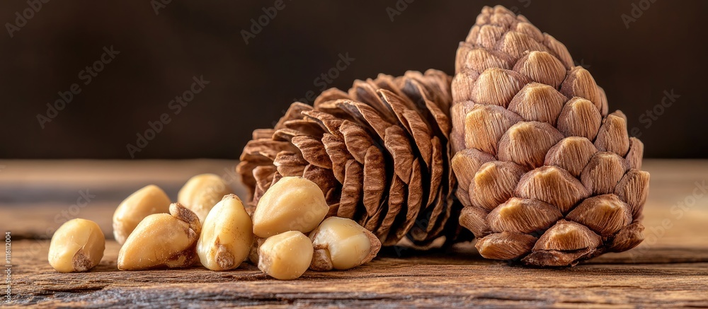 Aufkleber Cedar cones and pine nuts arranged on a rustic wooden table with a softly blurred background for a natural aesthetic greeting card.