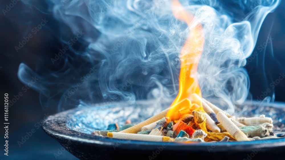 Poster incense burning with vibrant flames and curling smoke creating a serene and meditative atmosphere on
