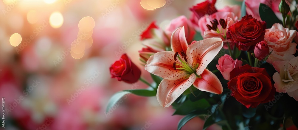 Poster close up of a vibrant bouquet with lilies and red pink roses elegant floral arrangement with a soft 