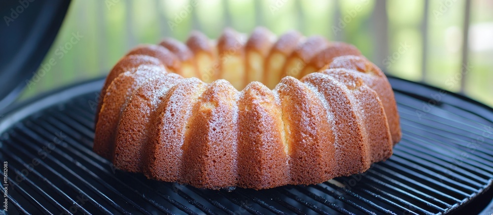 Poster chocolate bundt cake baking on a grill with a golden crust and light dusting of powdered sugar in a 