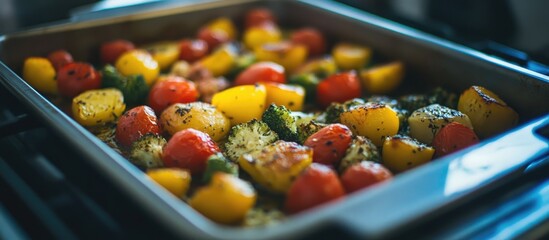 Assorted roasted vegetables with herbs in a baking tray colorful healthy meal preparation - Powered by Adobe