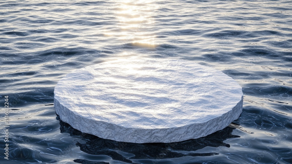 Poster empty circular podium on tranquil water surface with sunlight reflections abstract background for pr