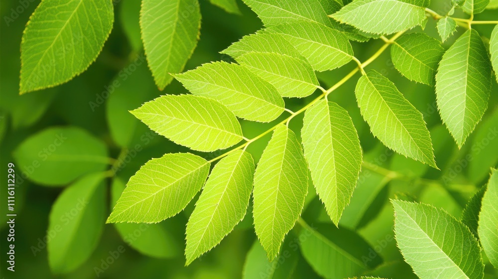 Poster close up of vibrant green leaves from a rowan tree showcasing intricate details and natural textures