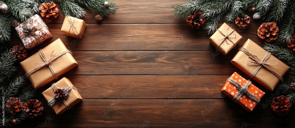 Aufkleber festive decorations with wrapped gifts and pine branches on a wooden surface creating a cozy winter 