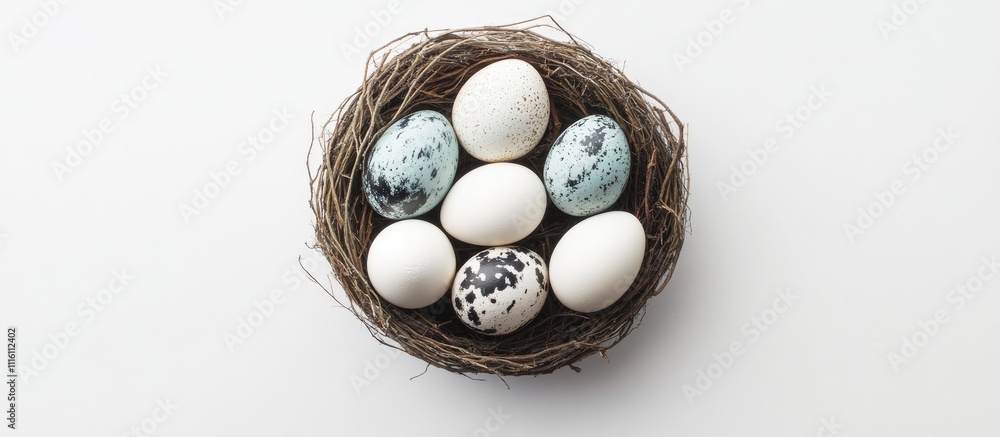 Poster assorted eggs in a natural nest arranged against a white background showcasing unique patterns and t