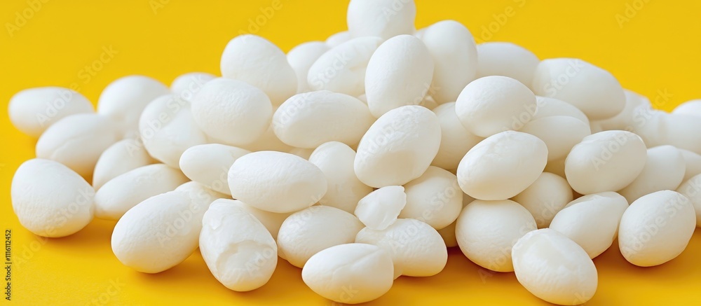Poster White eggs arranged on a vibrant yellow background creating a fresh and colorful culinary display for food and recipe themes.