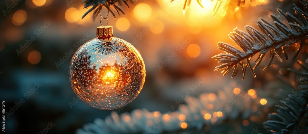 Poster Christmas glass bauble hanging on tree branch with warm backlighting and bokeh effect creating a festive outdoor ambiance