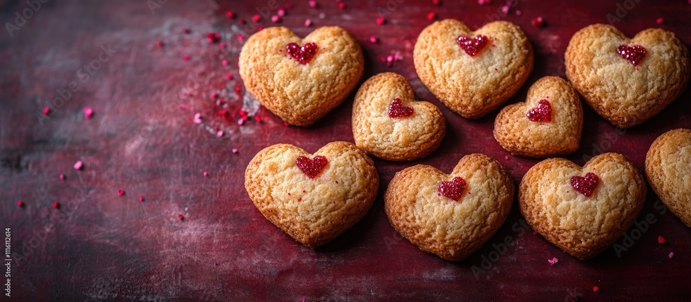 Poster heart shaped cookies with raspberry filling arranged on a rustic red background perfect for celebrat