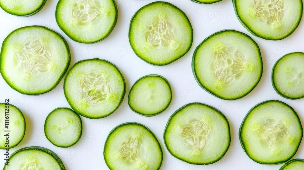 Poster cucumber slices arranged creatively on a white background showcasing their fresh texture and vibrant