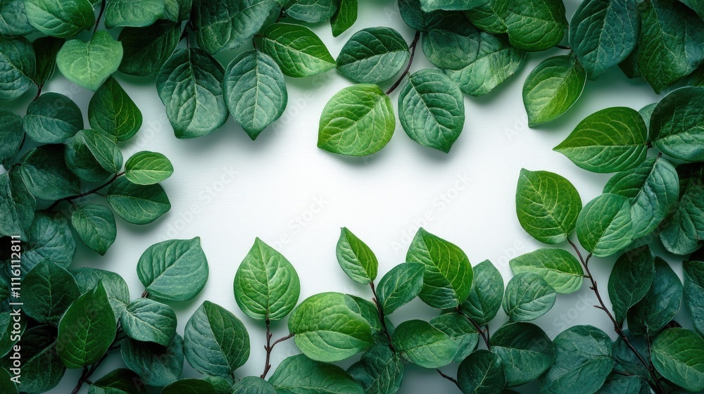 Poster lush green leaves arranged in a circular layout on a soft white background creating a natural and fr