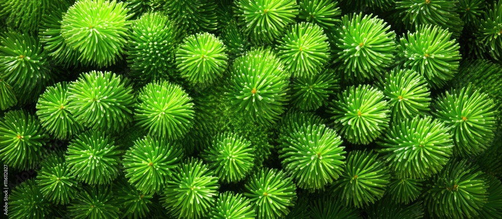 Poster close up of lush green pine tree branches creating a festive design border for holiday themed backgr