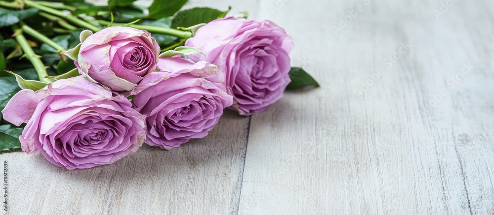 Poster elegant bouquet of pink roses on a rustic wooden background with ample space for personalized text o