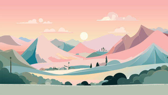 sunset with mountains and trees in the background