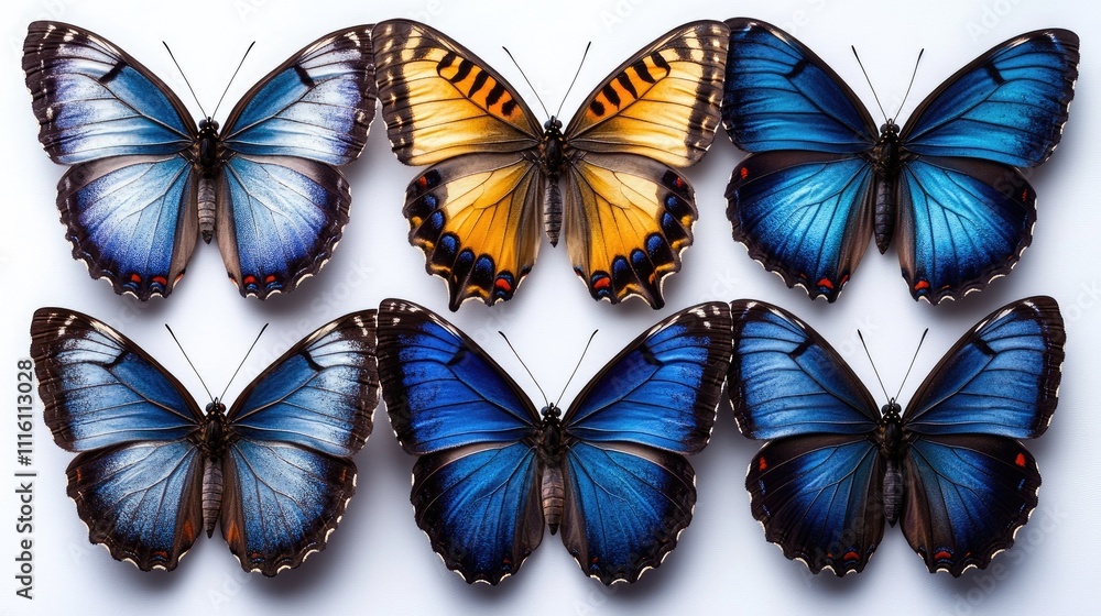 Poster tropical butterflies with vibrant blue wings showcasing intricate patterns isolated on a white backg