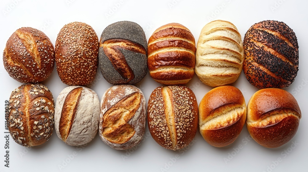 Aufkleber Assorted artisanal bread rolls displayed on a white background showcasing various textures and colors for culinary use.