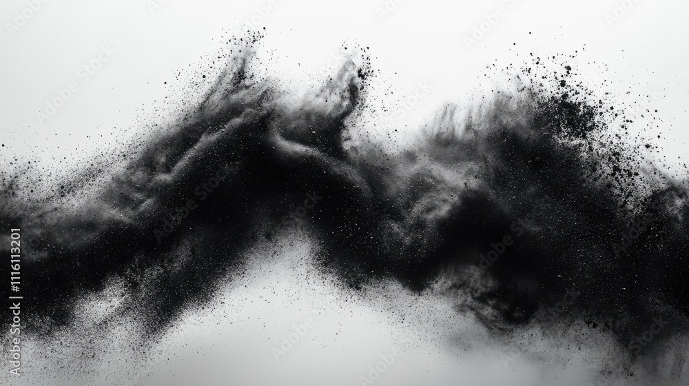 Aufkleber Abstract black powder explosion creating dynamic splatter effect against a clean white background for artistic and design applications