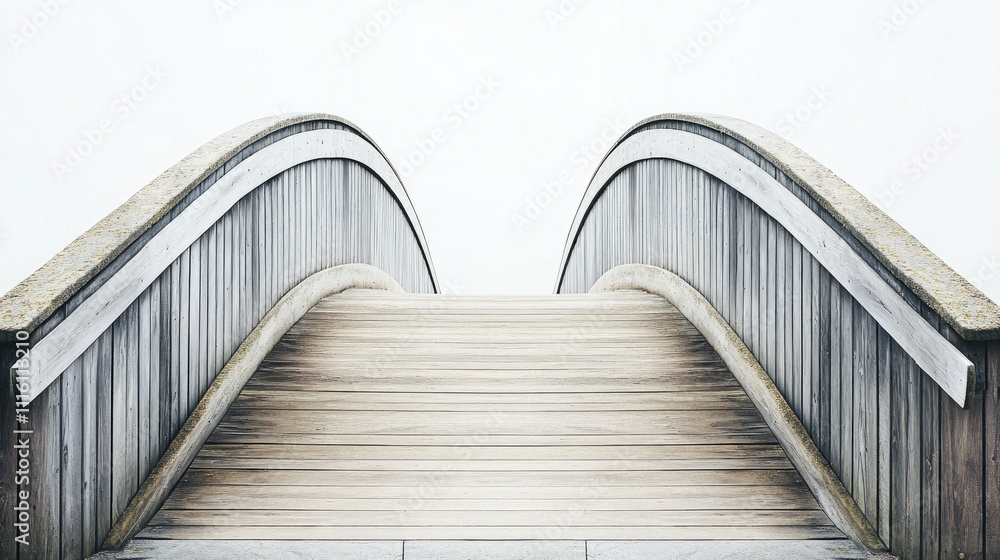 Poster symmetrical gray wooden bridge with linear perspective and soft background creating a tranquil and m