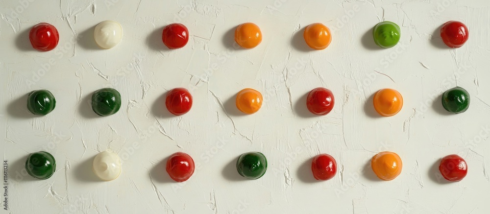 Aufkleber colorful assortment of shiny candies displayed in a neat pattern on a textured white background from