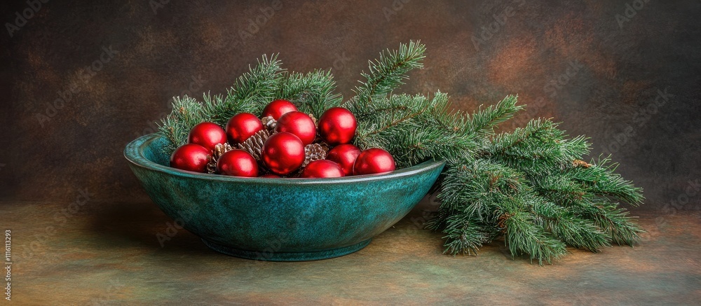 Poster festive bowl with red ornaments and pine branches on a rustic background