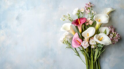 Elegant Calla Lily and Wildflower Bouquet on Soft Pastel Background - Ideal for Home Decor, Wedding Invitations, and Floral Arrangements