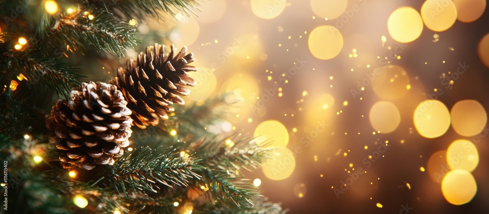 Poster Christmas fir tree with pine cones and golden bokeh background creating a festive atmosphere suitable for holiday promotions and greetings