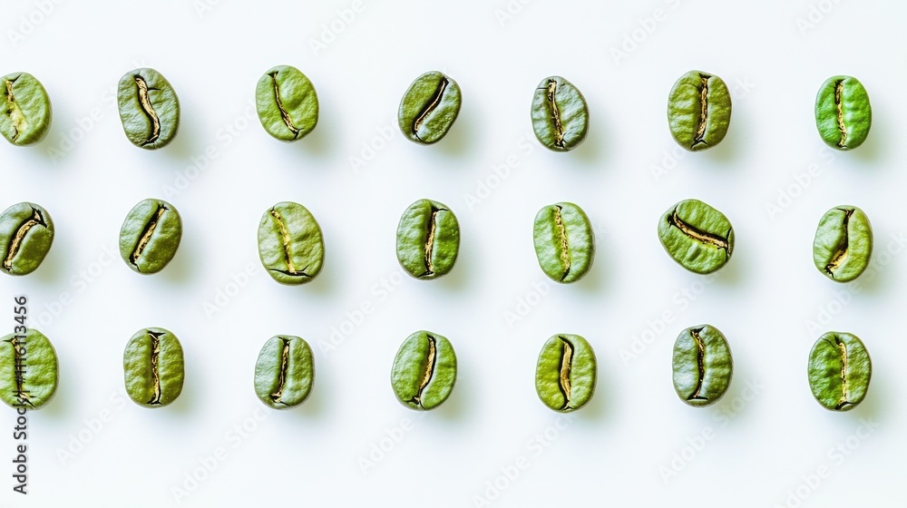 Poster green coffee beans arranged in a linear pattern on a clean white background showcasing their unique 