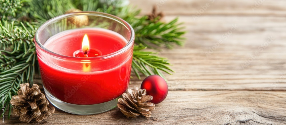 Poster red candle glowing with holiday decorations on rustic wooden table celebrating advent season with pi