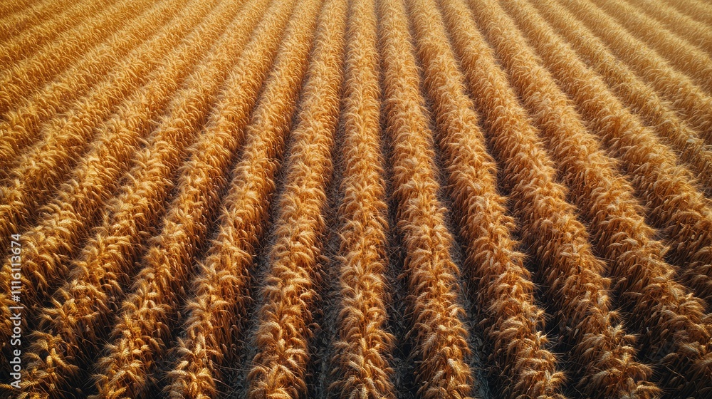 Poster aerial view of golden agricultural field showcasing horizontal rows of autumn harvest crops in a pat