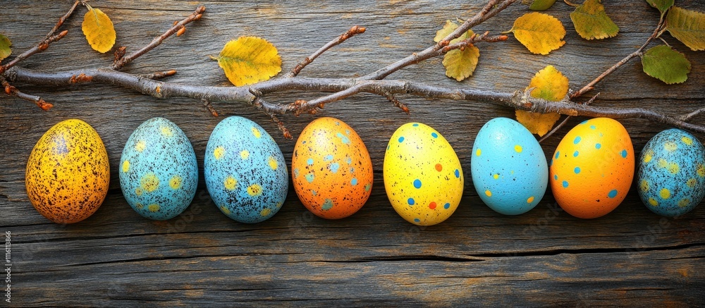 Poster colorful easter eggs arranged alongside a tree branch on rustic aged wooden planks creating a festiv