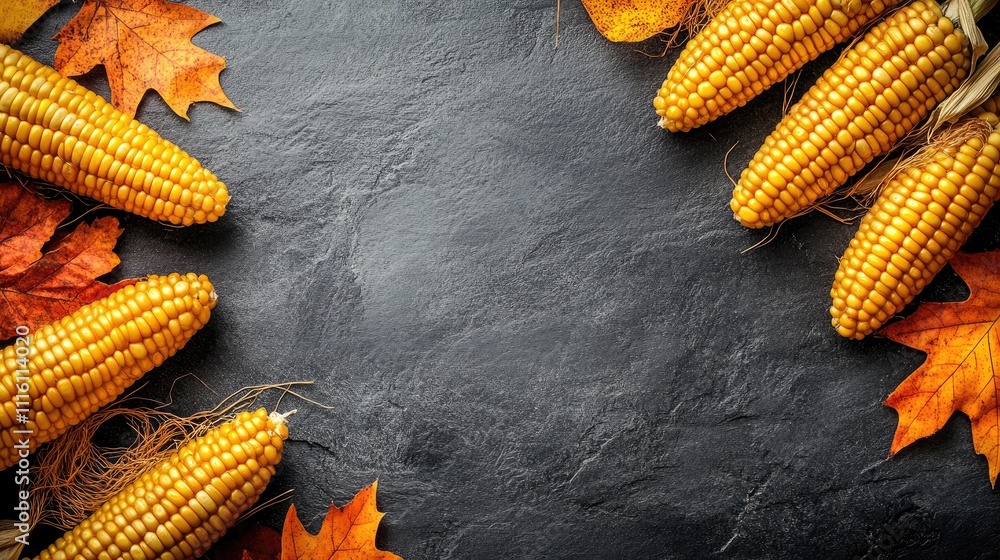 Poster Autumn themed flat lay featuring corn and colorful leaves arranged on a textured slate background creating a seasonal frame.