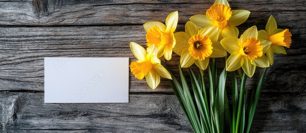 Poster daffodils and blank sheet on rustic wooden surface creating a serene and inviting atmosphere for spr