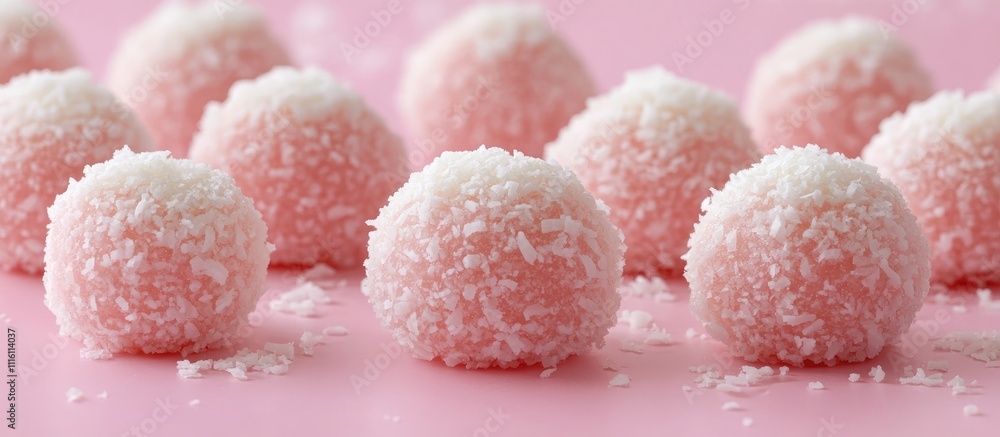Poster homemade white coconut candy balls arranged on a pink backdrop creating a delightful and colorful de