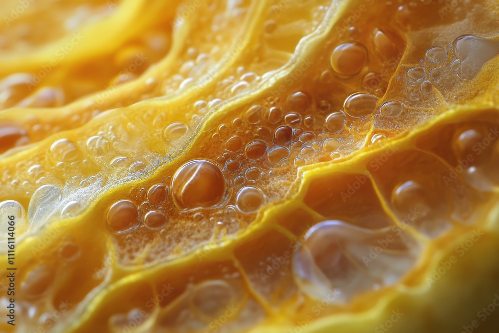 Poster close up of yellow and orange textures with bubbles and moisture in abstract form