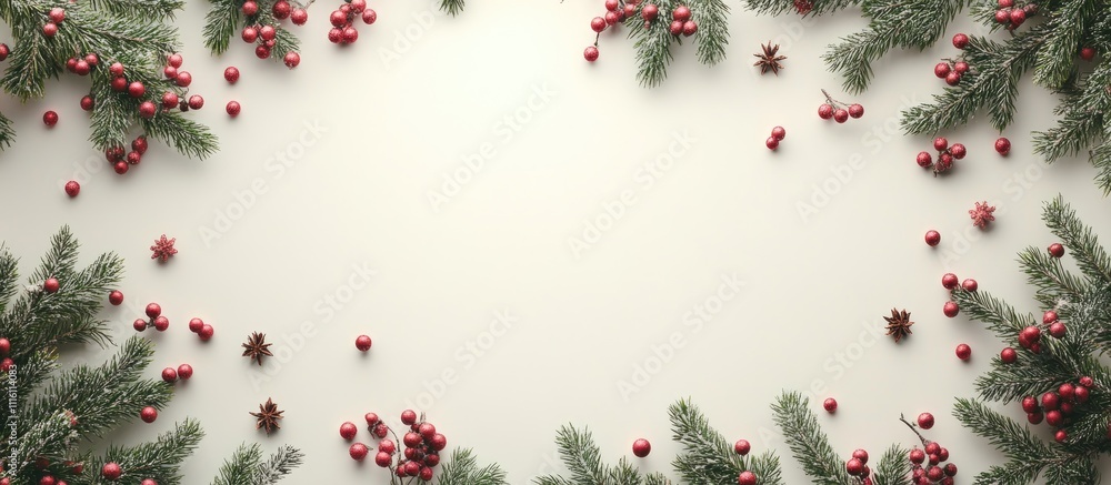 Aufkleber thuja spruce branches and festive decorations on a neutral backdrop creating a blank space for seaso