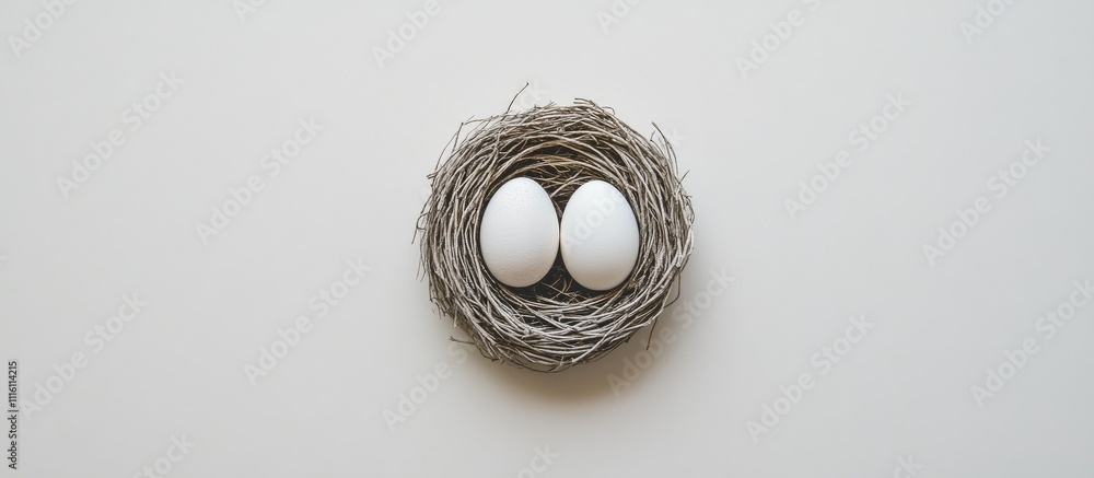 Poster white eggs nestled in a natural twig nest on a minimalist white backdrop symbolizing new beginnings 