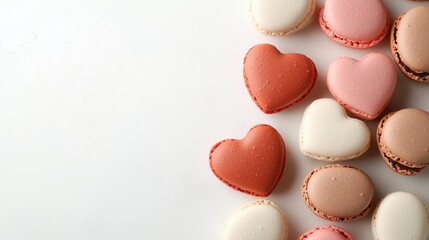 Fototapeta premium Overhead shot of macarons in heart shapes arranged on a clean white surface with text space.