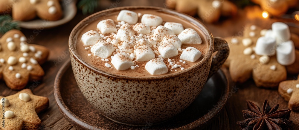 Poster Gingerbread cookies and hot cocoa with marshmallows in a cozy festive flatlay setting on a rustic wooden table