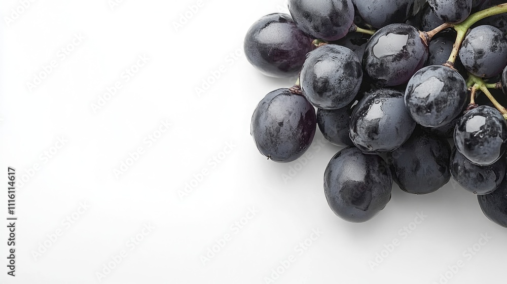 Poster fresh black grapes arranged elegantly on a clean white background showcasing their rich color and in
